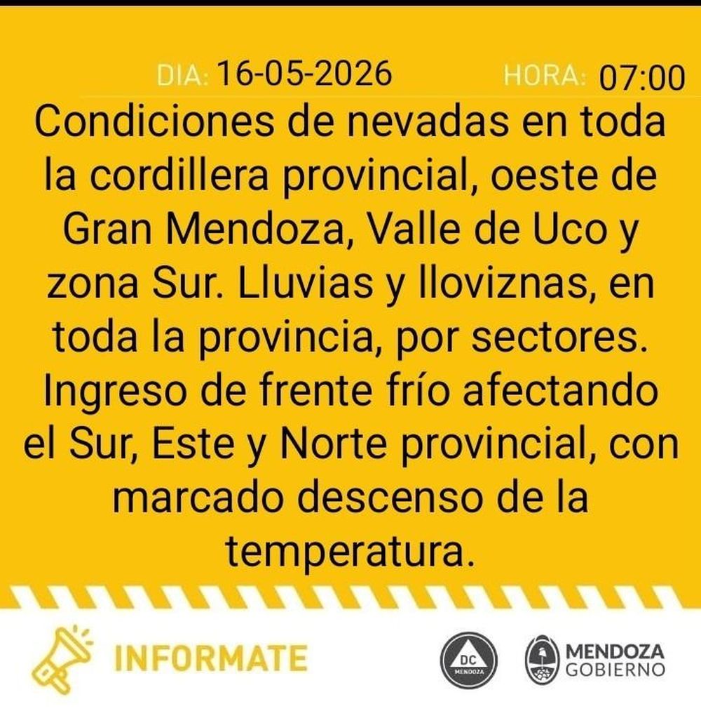 Alerta amarilla por nieve en Mendoza