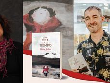 Liliana Bodoc, la portada de su novela y su hijo Galileo Bodoc.