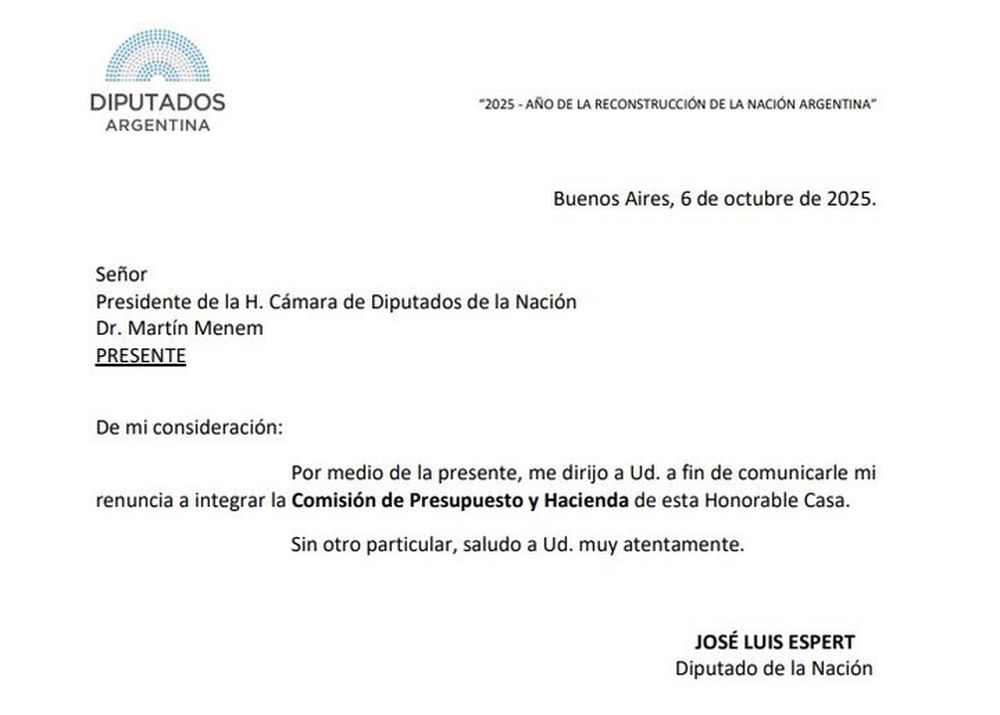 La carta que le envi&oacute; Espert a Mart&iacute;n Menem.