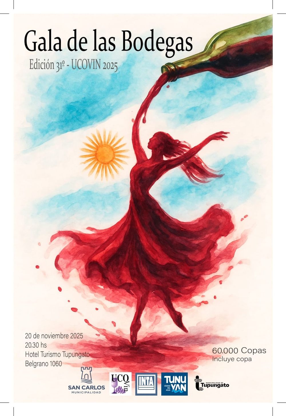 “Al compás de la patria”, diseño de Ariadna Ayala, obtuvo el primer puesto en el concurso de imagen para la Gala de las Bodegas 2025. La obra representa la unión entre el vino, la tierra y los colores nacionales.