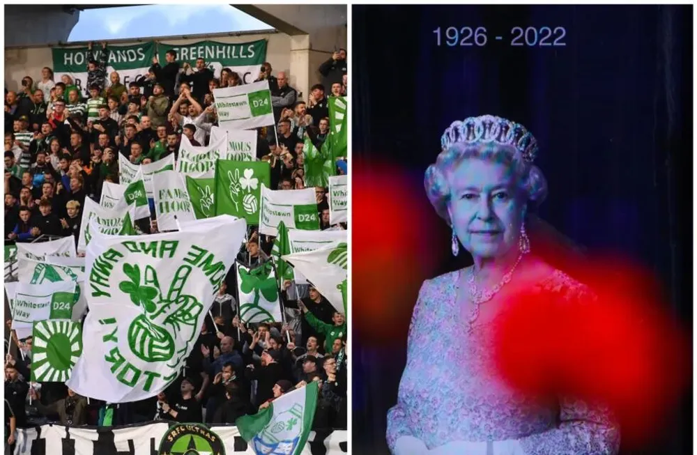 Aficionados del Shamrock Rovers irlandés durante su partido de Conference League de este 8 de septiembre y una imagen de la reina Isabel II de Inglaterra. Foto: Web