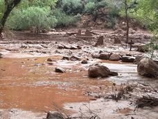 Foto que muestra los restos de los pilares de un puente de piedra destruido debido a una crecida repentina del arroyo Bright Angel en Arizona (EE.UU.).