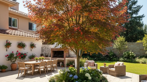 El árbol embellece el jardín y facilita la jardinería con plantas resistentes.