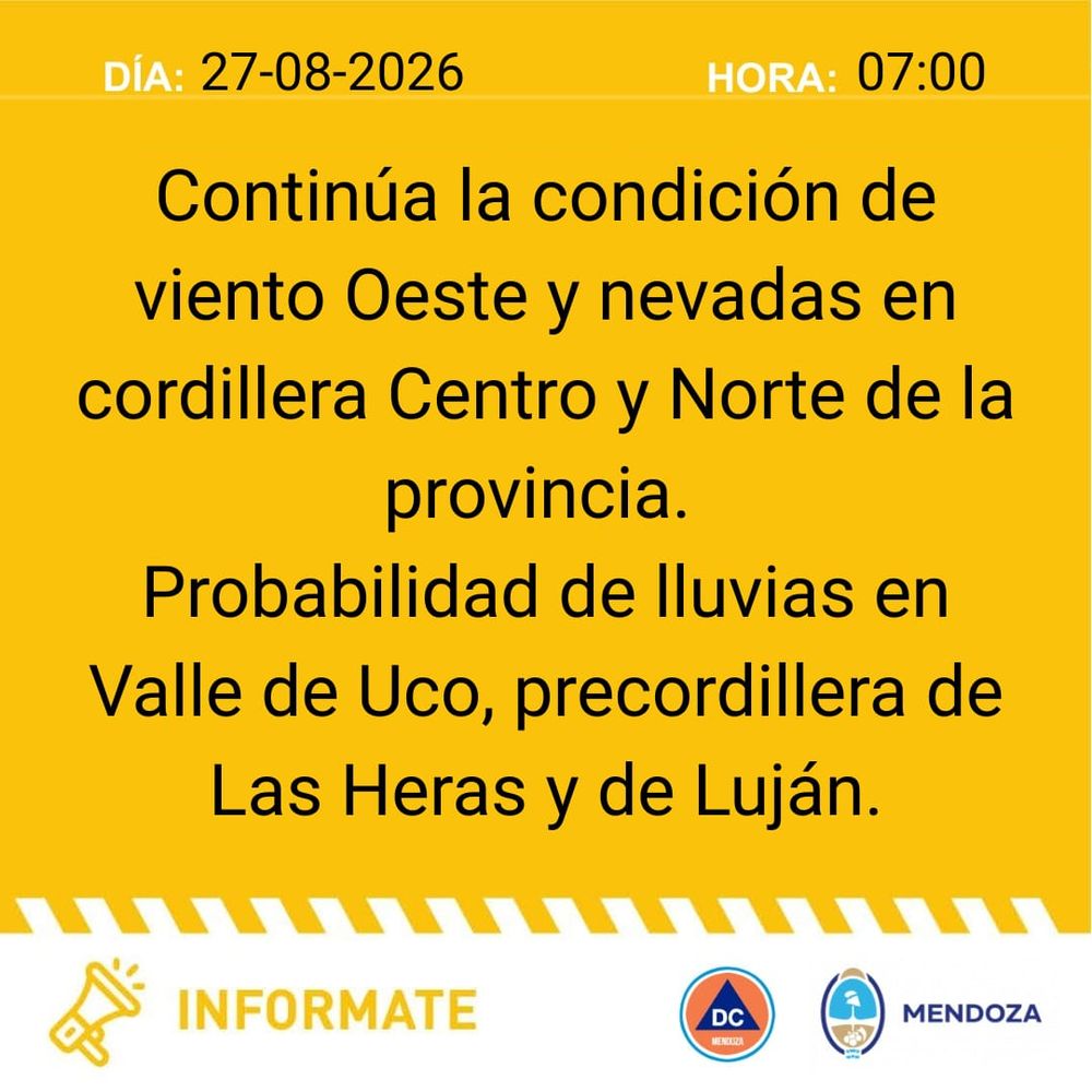 Alerta amarilla de Defensa Civil (27/08/26)
