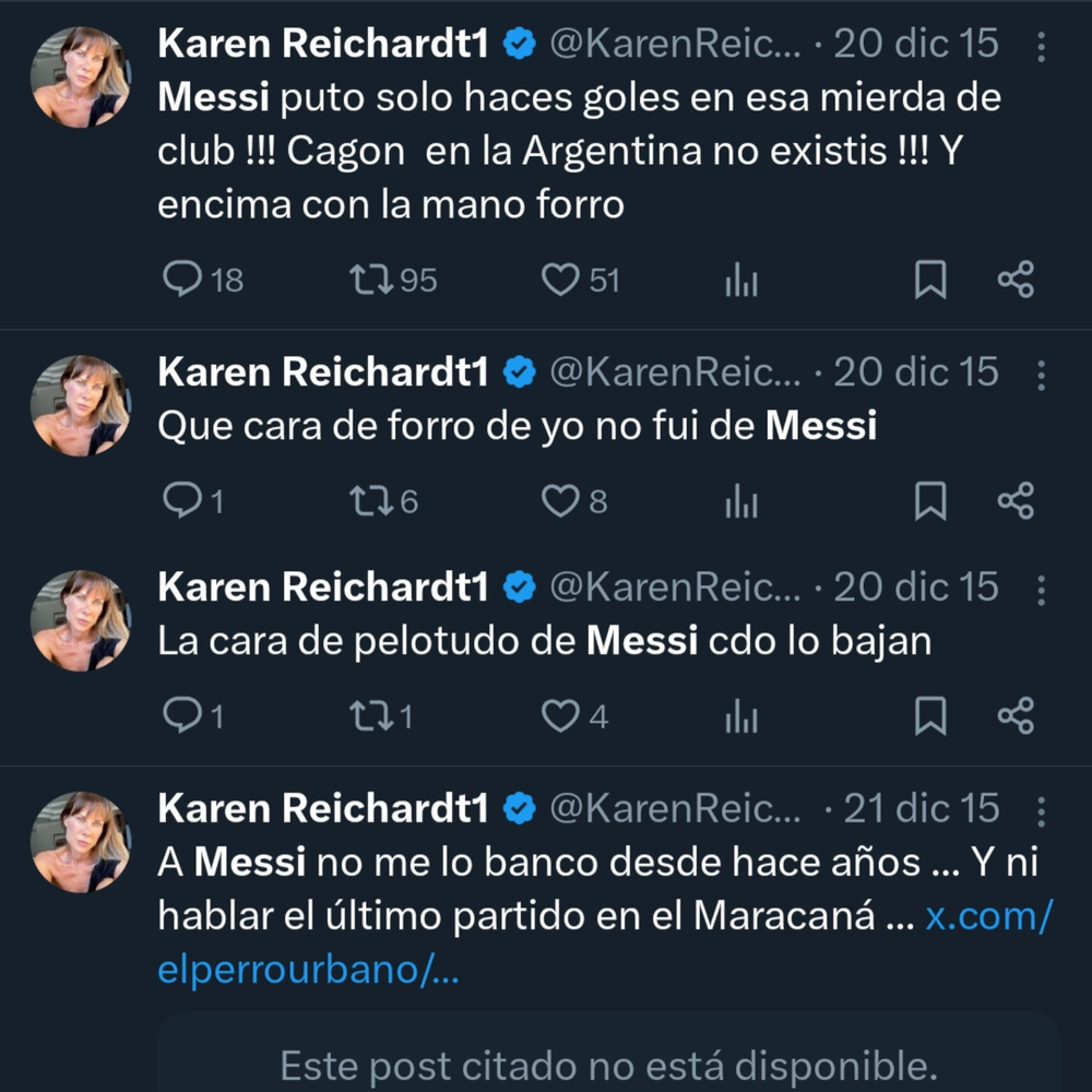 Mensajes polémicos de Karen Reichardt contra Messi