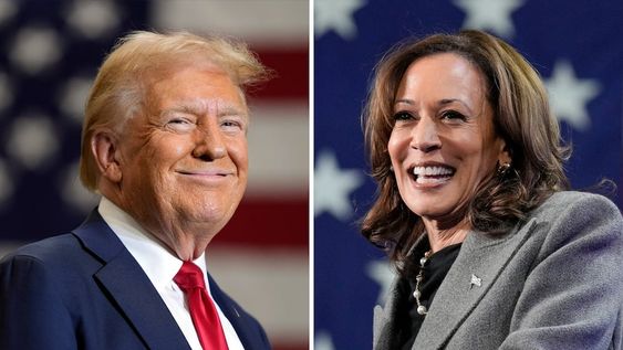 Esta combinación de fotos muestra al candidato presidencial republicano Donald Trump, a la izquierda, en un evento de campaña en Mint Hill, Carolina del Norte el 25 de septiembre del 2024, y a la derecha, la vicepresidenta Kamala Harris en un evento de campaña en Atlanta el 19 de octubre del 2024. (AP foto)