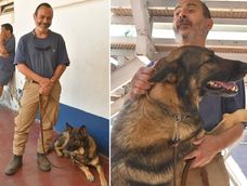 Lisandro Calderón, de 59 años, adiestrador y miembro de Escam junto a su perra
