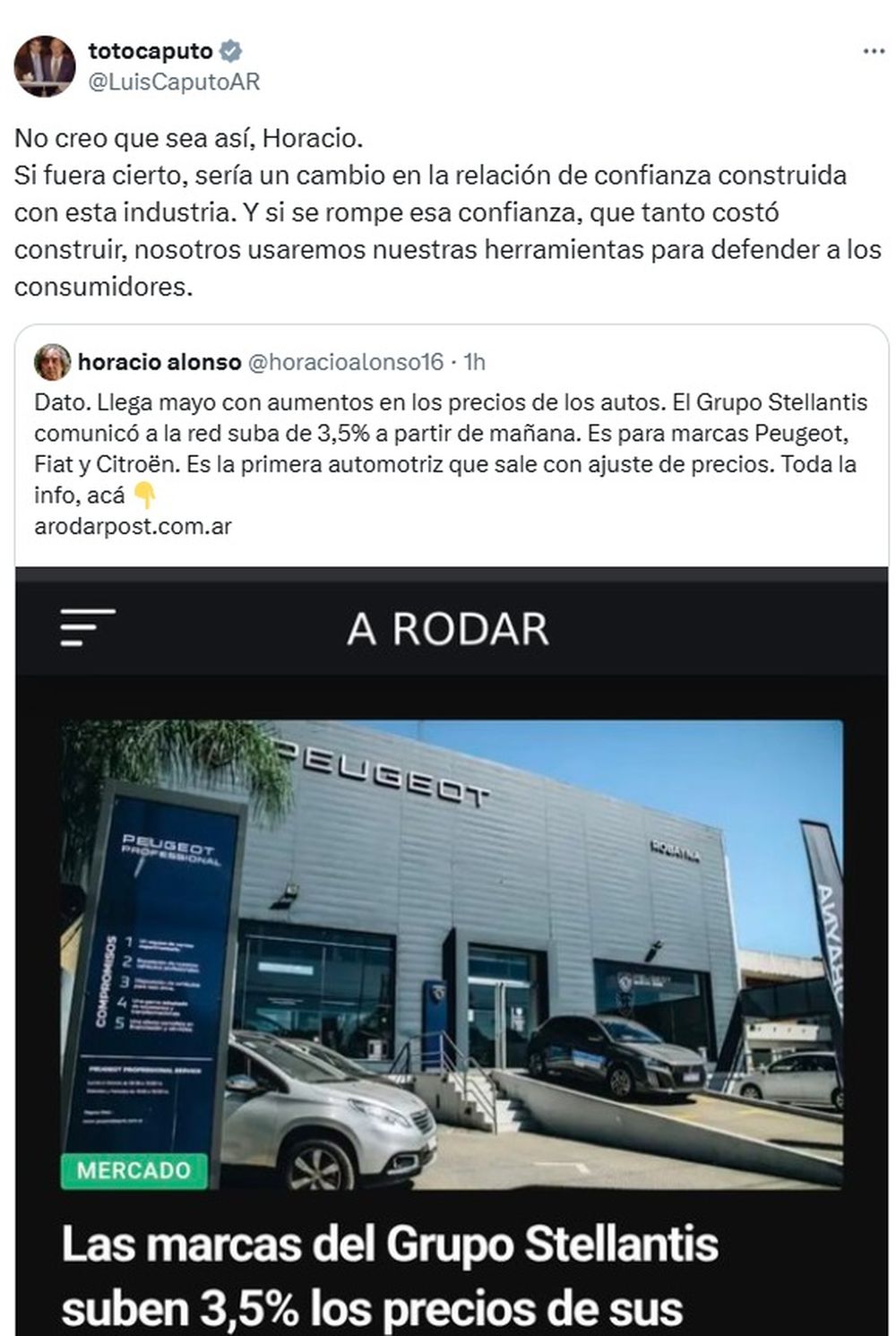 Una eventual suba en el precio de los autos 0km indignó a Caputo, quien lanzó una advertencia a las empresas automotrices&nbsp;