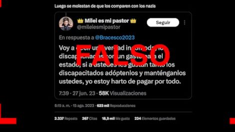 Los Andes | El mensaje en X que dice “los discapacitados son un gasto para el Estado” no es de Javier Milei ni de ninguna cuenta oficial de La Libertad Avanza