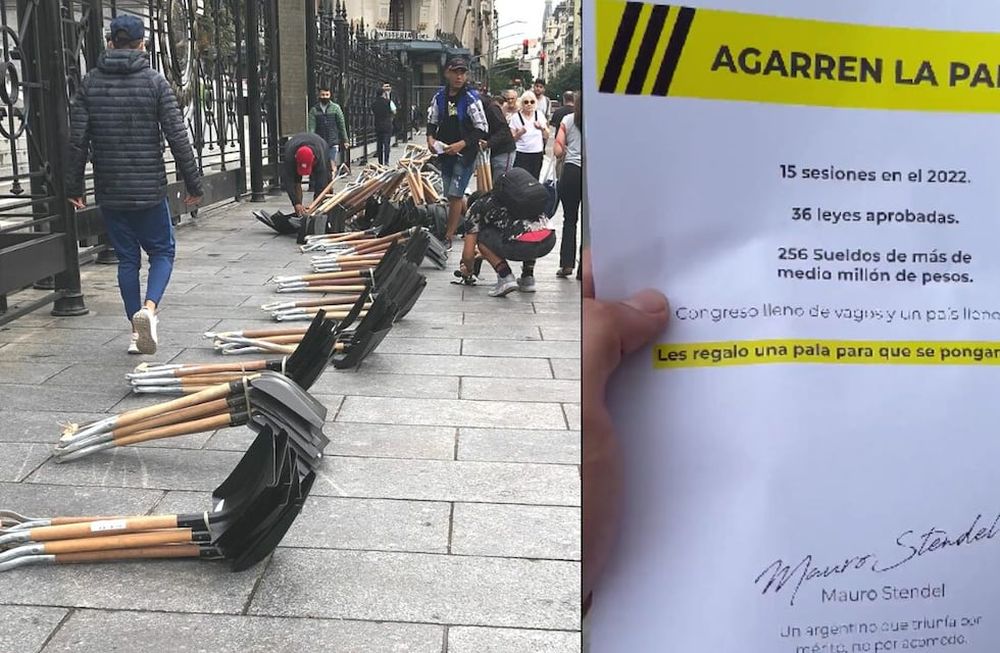 El empresario Mauro Standel puso 256 palas frente al Congreso y repartió folletos.