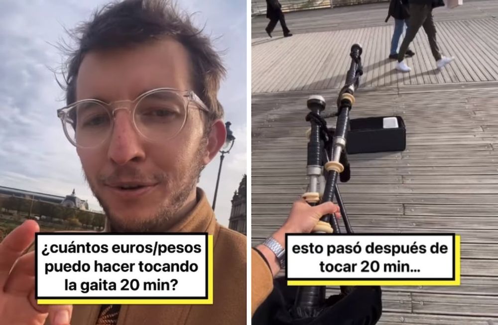 Un periodista argentino tocó la gaita a la gorra en París y se sorprendió con lo que recaudó en 20 minutos.