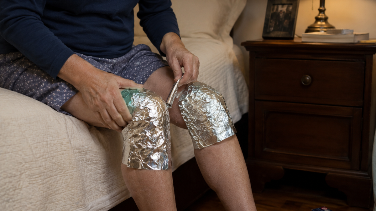 Envuelven sus rodillas y brazos con papel de aluminio antes 