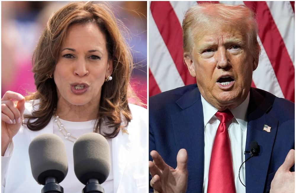Esta combinación de fotografías muestra a la vicepresidenta Kamala Harris el 7 de agosto de 2024 y al candidato republicano a la presidencia, el expresidente Donald Trump, el 31 de julio de 2024. (AP Foto/Charles Rex Arbogast)