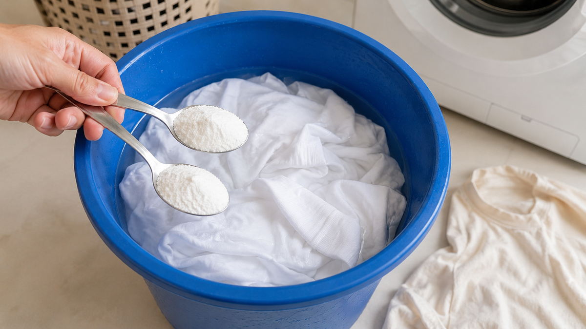 2 cucharadas soperas en el balde con agua fría y la ropa blanca vuelve a su blanco original en un solo lavado