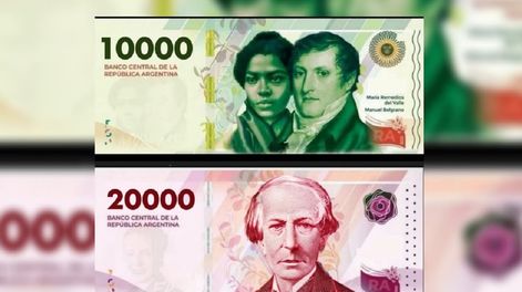 Diseño ilustrativo del nuevo billete de $10.000 con María Remedios del Valle y Manuel Belgrano y de $20.000 con Juan Bautista Alberdi