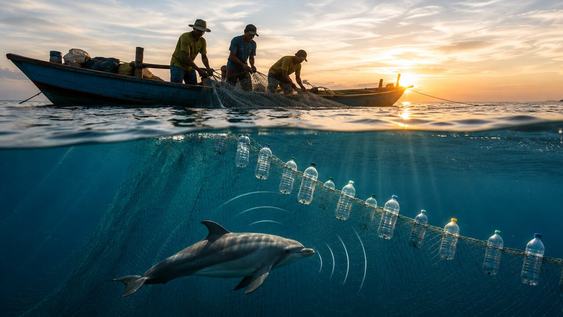 Investigadores probaron botellas plásticas llenas de aire sobre redes de pesca para los delfines.
