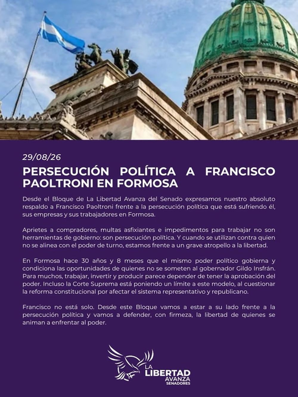 La Libertad Avanza respaldó al senador Francisco Paoltroni.