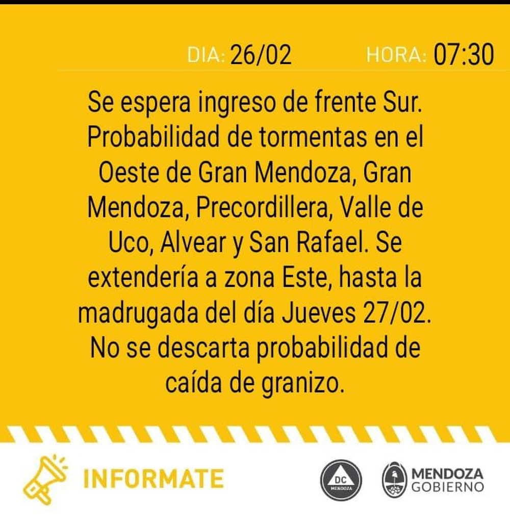 Previsão do tempo. Alerta amarelo para tempestades em Mendoza.