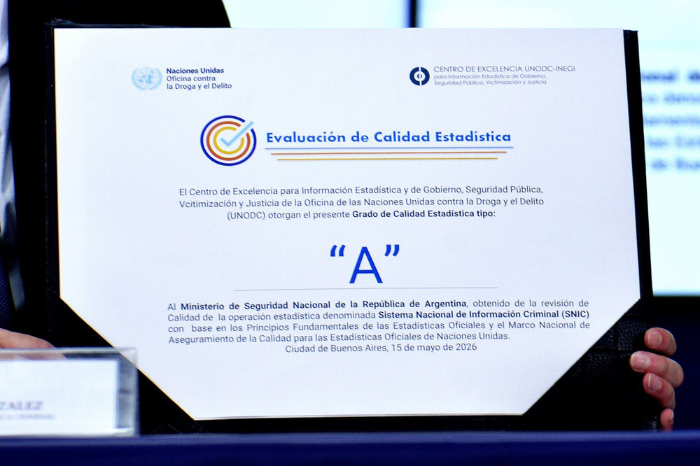La Argentina también recibió la calificación “A” en calidad estadística otorgada por Naciones Unidas a través de la UNODC.