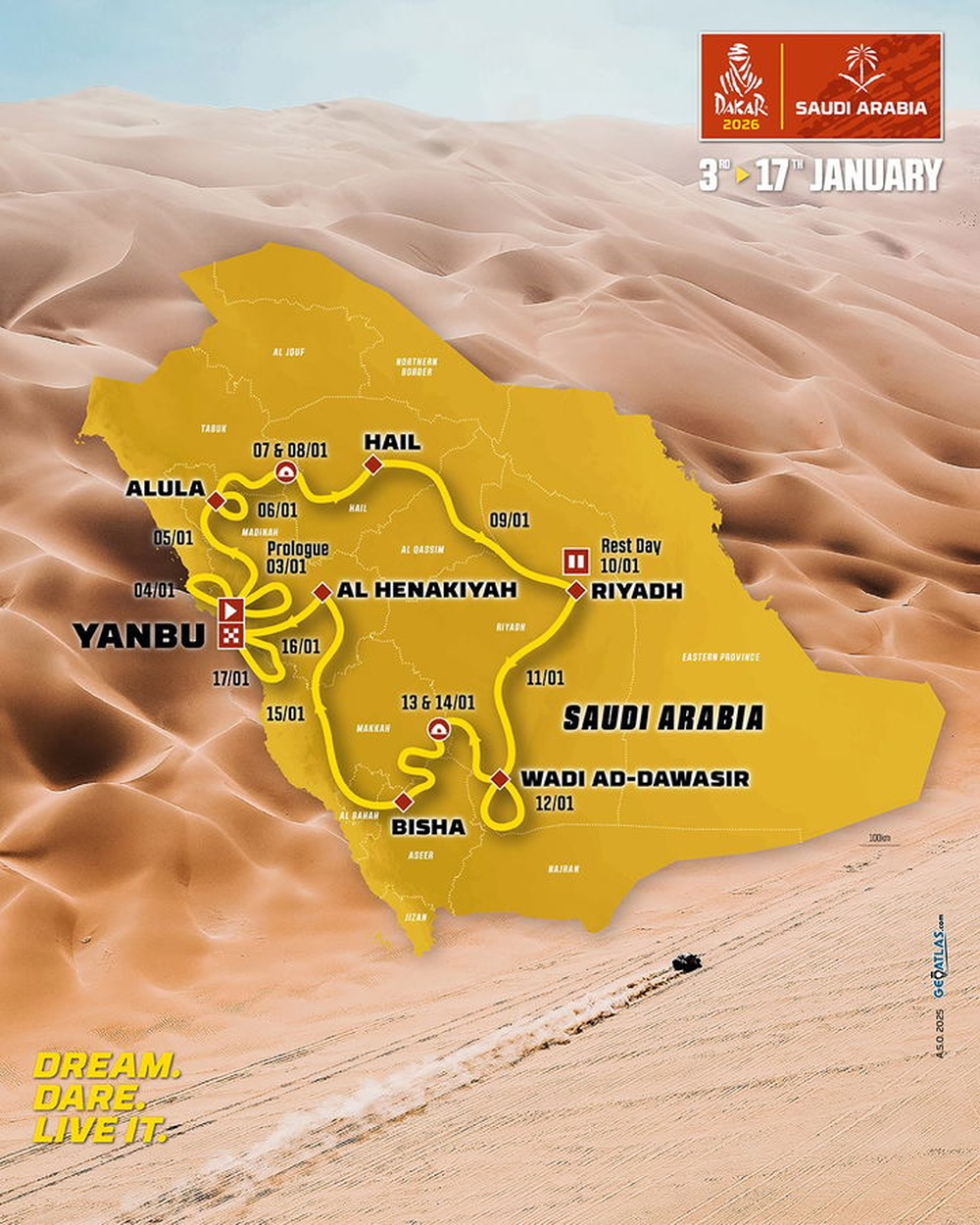 El mapa de ruta del Rally Dakar 2026. Los competidores deber&aacute;n enfrentar un total cercano a los 8.000 kil&oacute;metros.