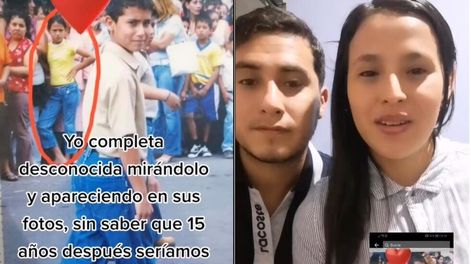 Una chica compartió en TikTok una foto de cuando su actual marido era chico, y ella sin conocerlo, aparece detrás mirándolo.