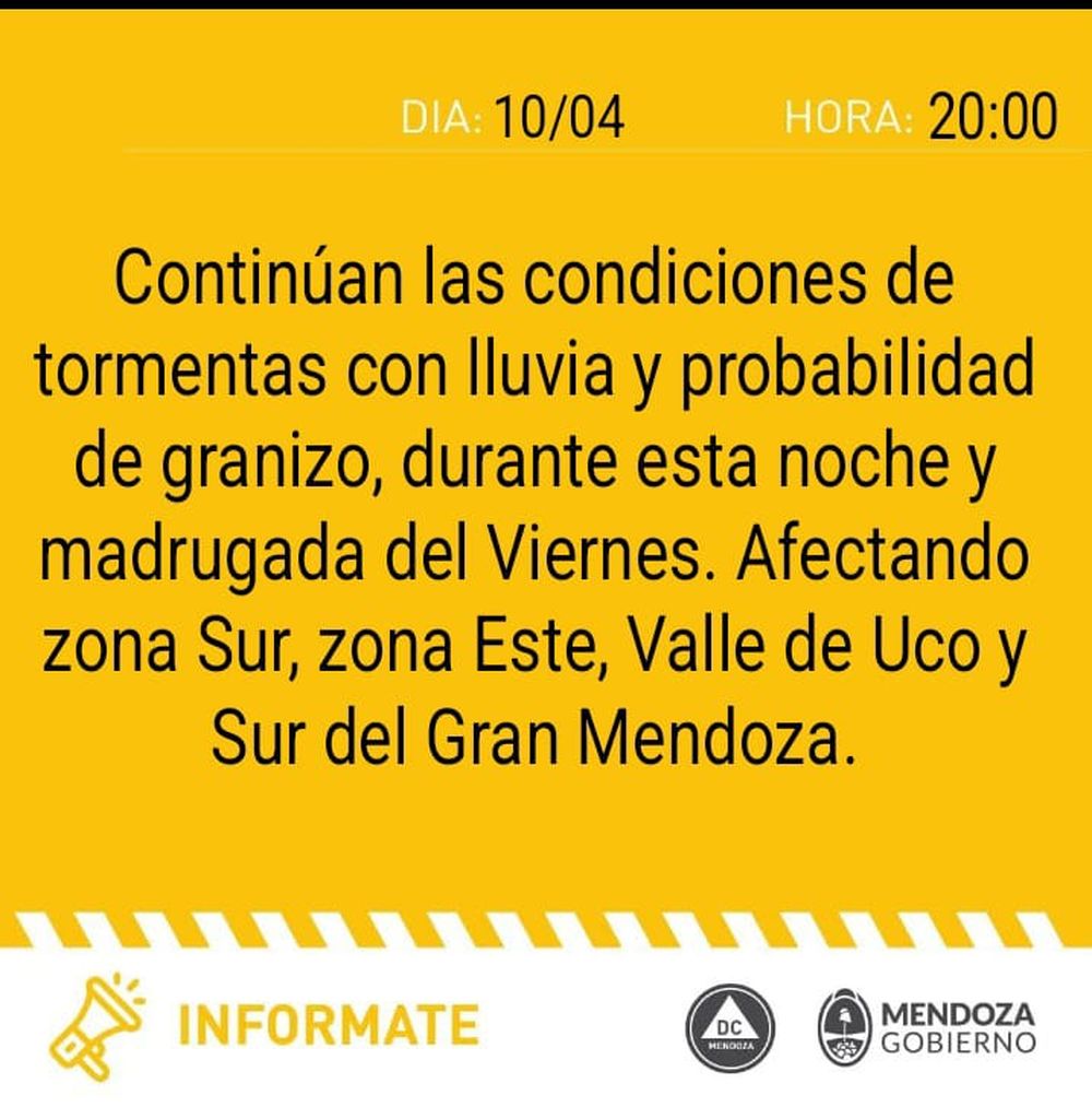 Alerta amarilla por tormentas en Mendoza para este viernes 11 de abril