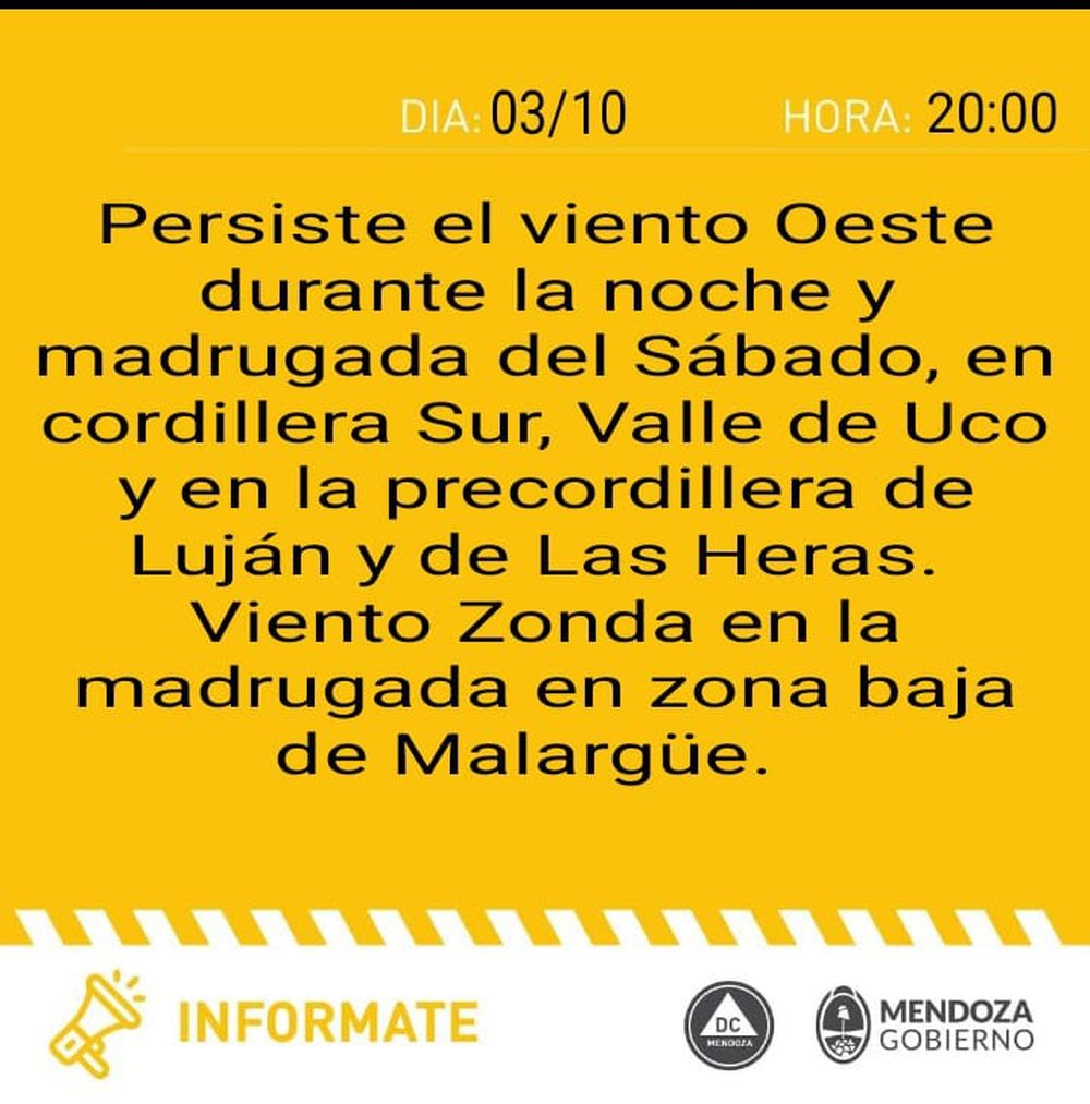 Alerta amarilla por viento Zonda