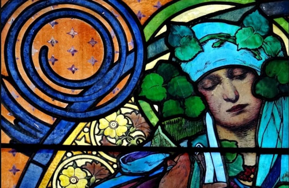 Detalle del vitral art nouveau, «La Leyenda de San Cirilo y San Metodio» por Alfons Mucha, en la Catedral de San Vito, Praga.