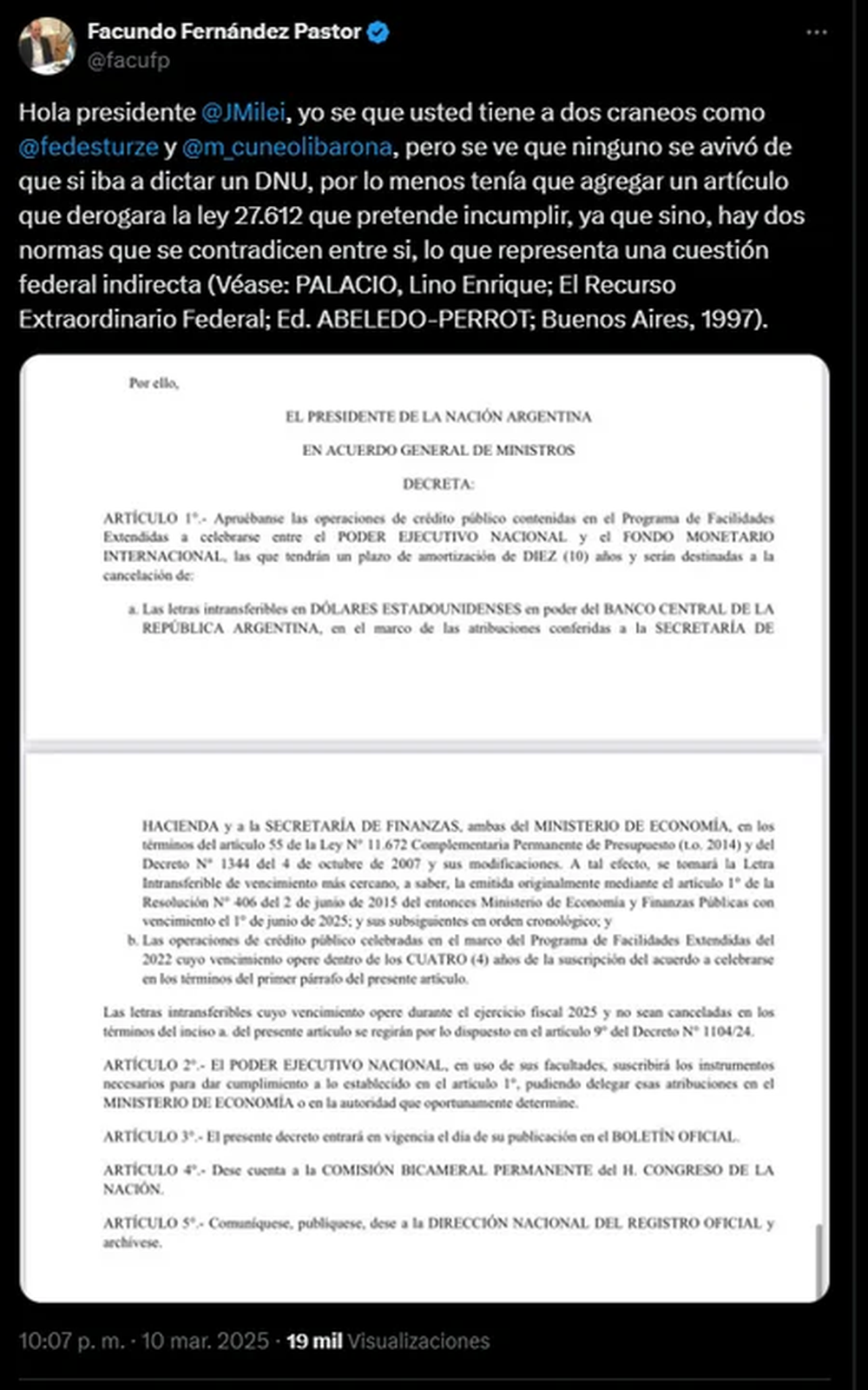 Críticas al DNU de Javier Milei para el acuerdo con el FMI.