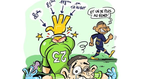 El francés Dadou desató polémica por su dibujo burlándose del Dibu Martínez, campeón del mundo con la Selección Argentina (Twitter @davidbuonomo)