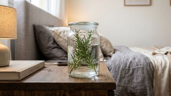 Unas ramas frescas, agua y un recipiente limpio son suficientes para incorporar el aroma del romero al dormitorio durante la noche.