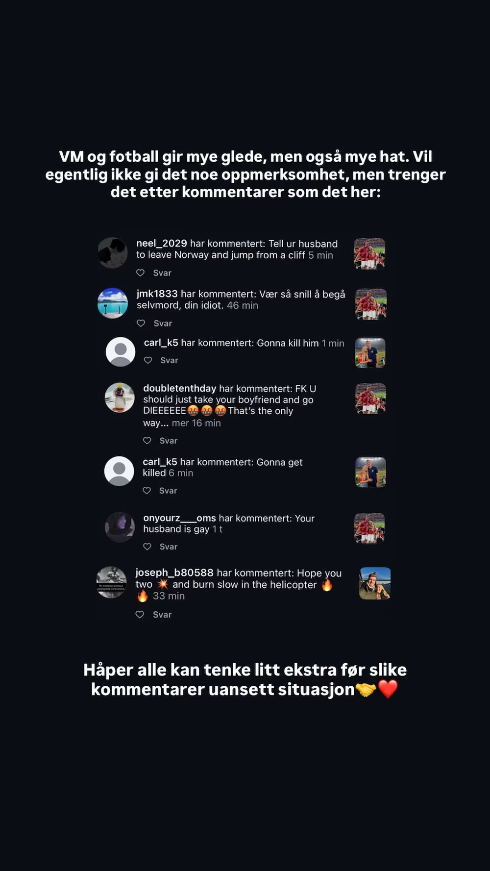 La esposa del jugador subi&oacute; una captura de pantalla con las amenazas recibidas a su historia en la red social Instagram.