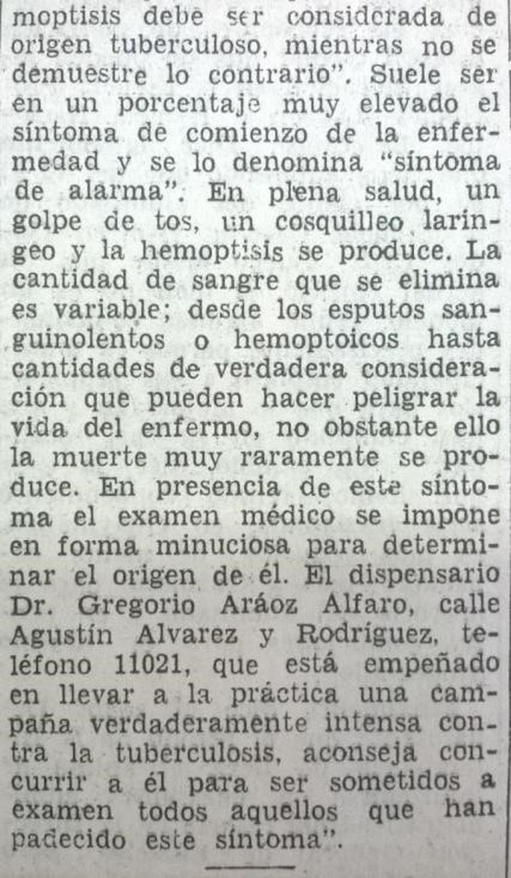 Difusión. Artículo de diario Los Andes de 1942, con recomendaciones de la Liga Argentina contra la Tuberculosis.Fuente: Diario Los Andes, 29 de enero de 1942.