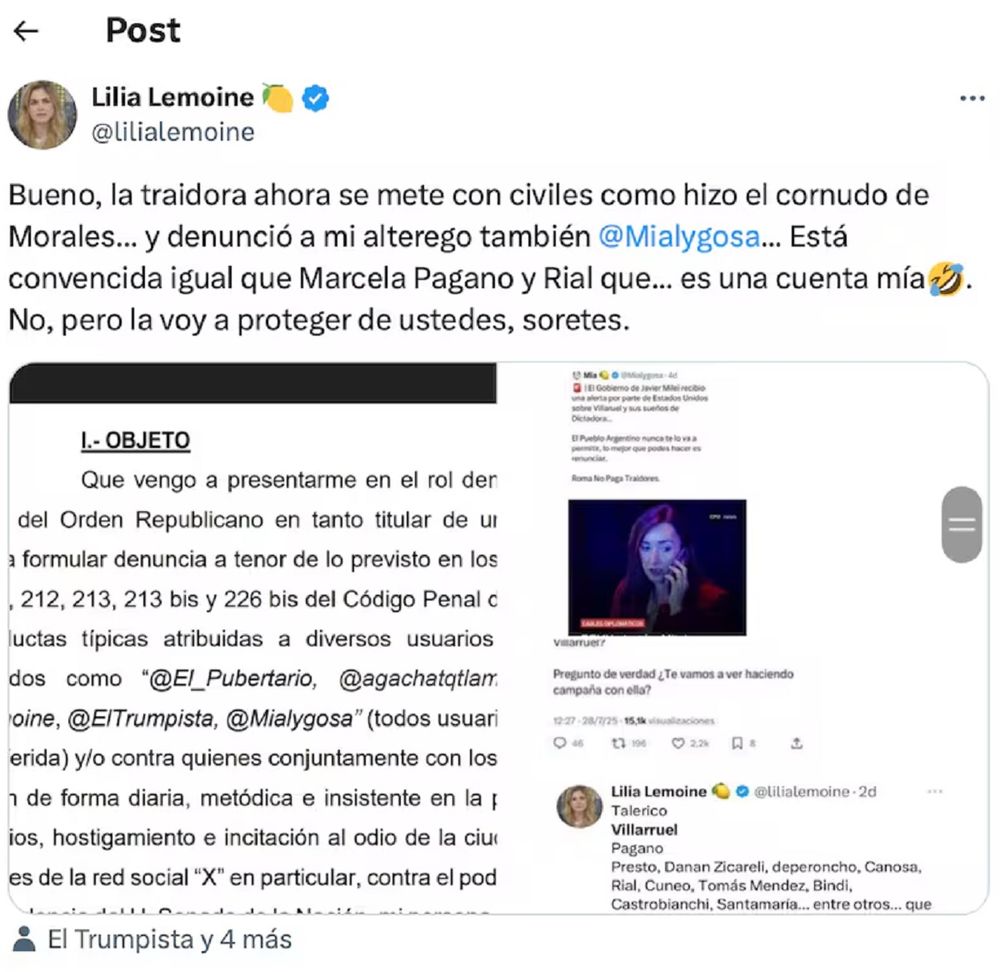 Tras conocerse la denuncia, la diputada Lilia Lemoine inició una réplica directa desde su perfil en la red social X