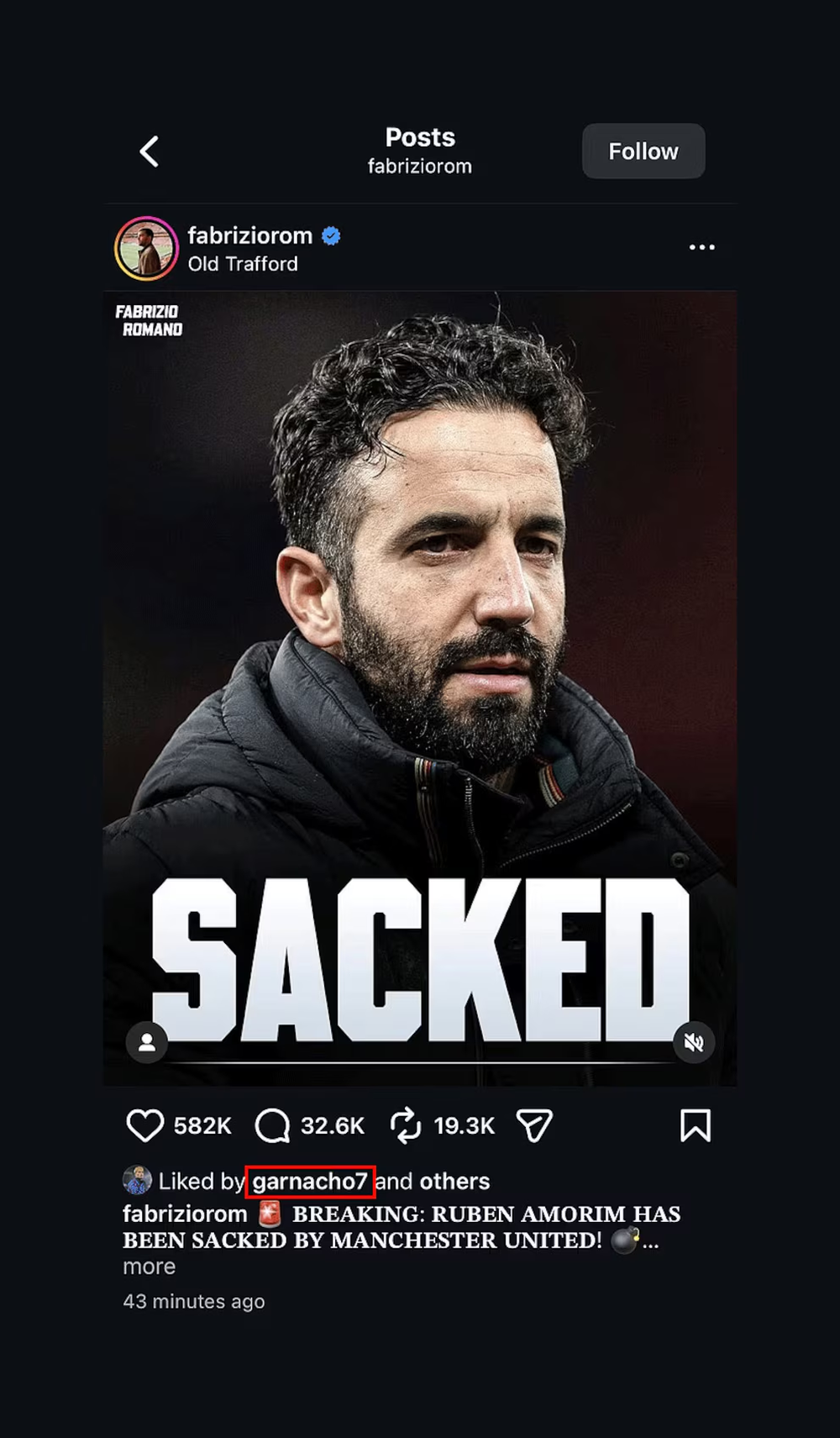 El like de Garnacho tras el anuncio del despido de Amorim del Manchester United.