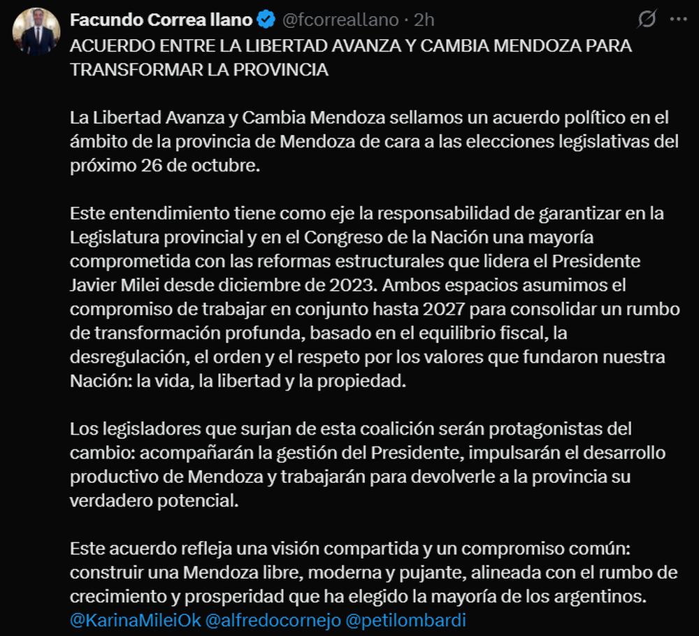 El posteo de Facundo Correa Llano sobre el acuerdo entre LLA y CM.