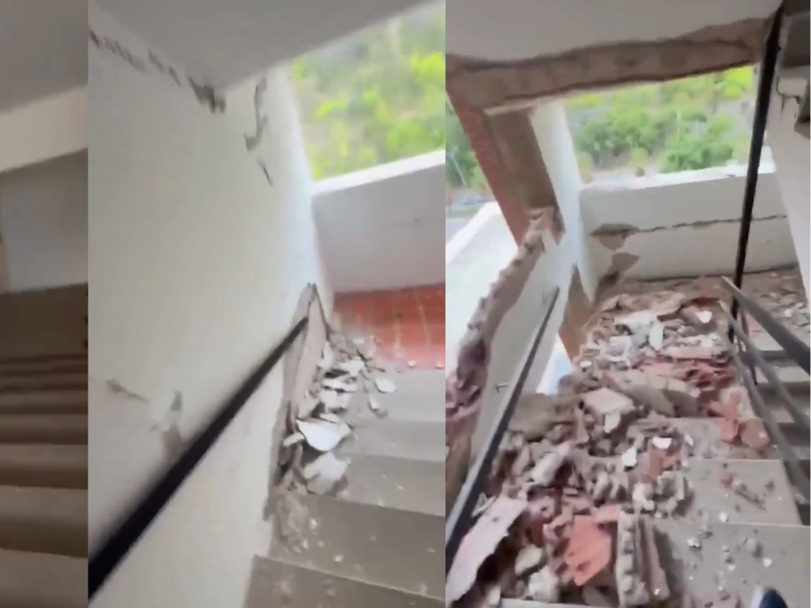Dramático video: mostró cómo el edificio se iba desmoronando mientras bajaba las escaleras tras el terremoto.