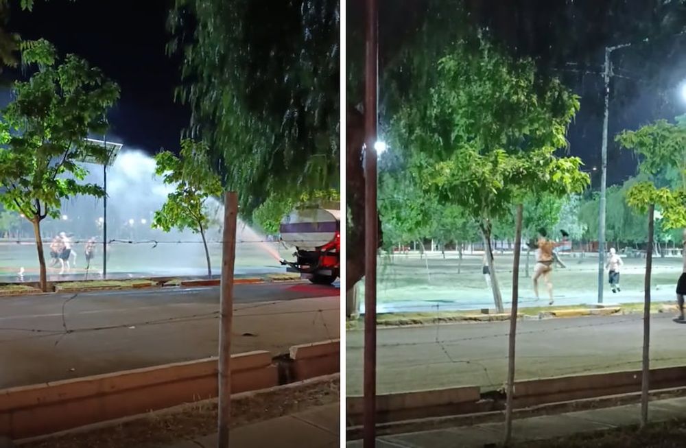 Un grupo de amigos aprovechó el camión regador para darse un baño de madrugada en Godoy Cruz.