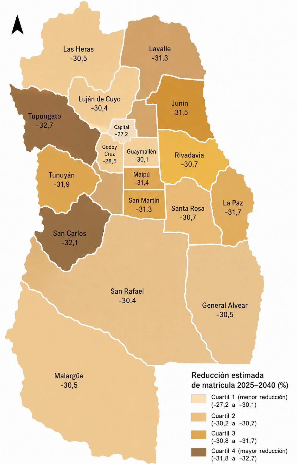 Reducción estimada de la matrícula en Mendoza para 2040. Mapa ilustrativo. Elaboración: Fernando Manzano
