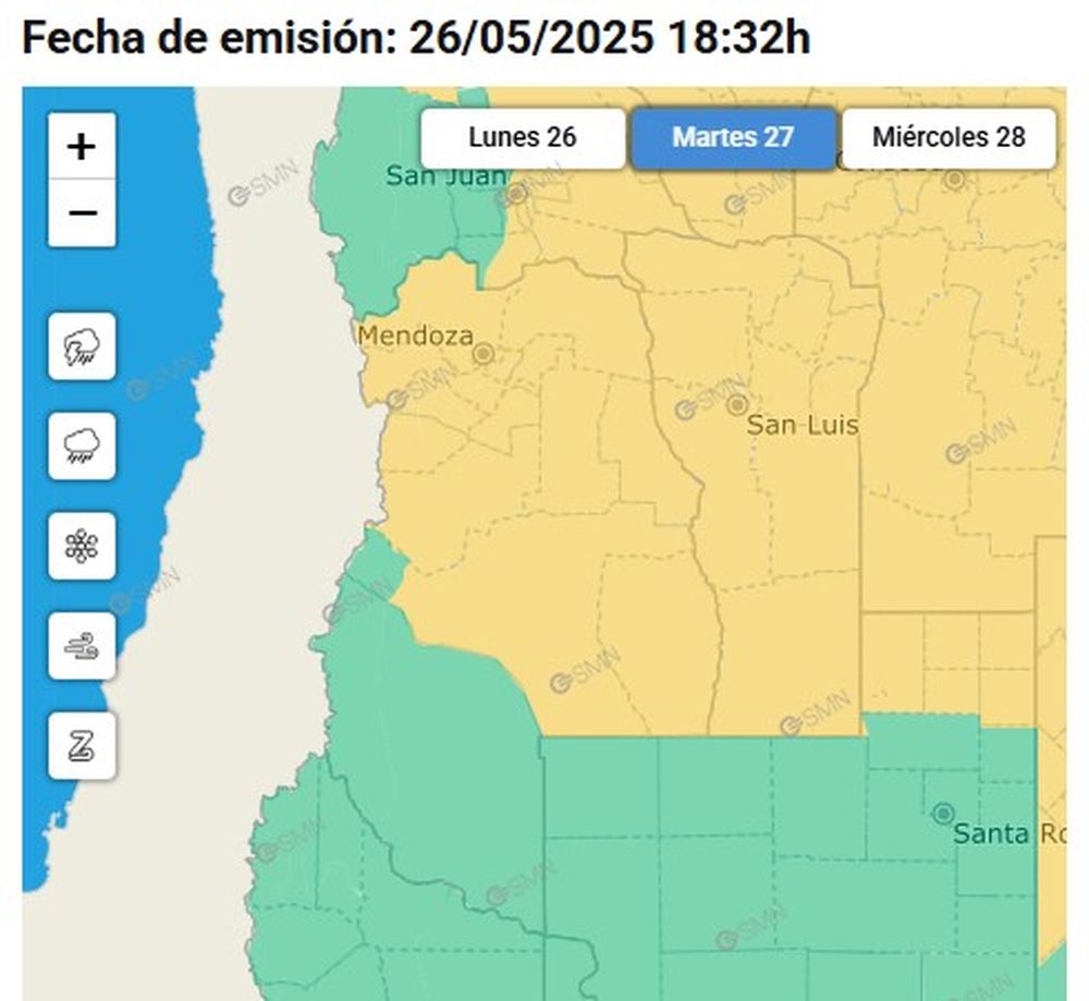 Según el Servicio Meteorológico anuncia una alerta amarilla por viento y por lluvias para este martes en Mendoza.