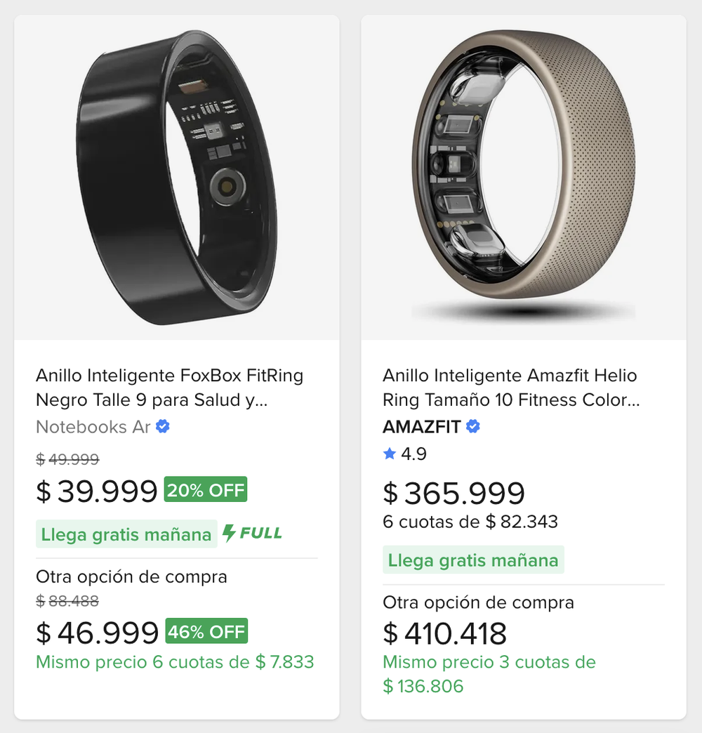 La venta de anillos inteligentes en Argentina tiene variedad de precios y se puede apreciar con un repaso por tiendas online.