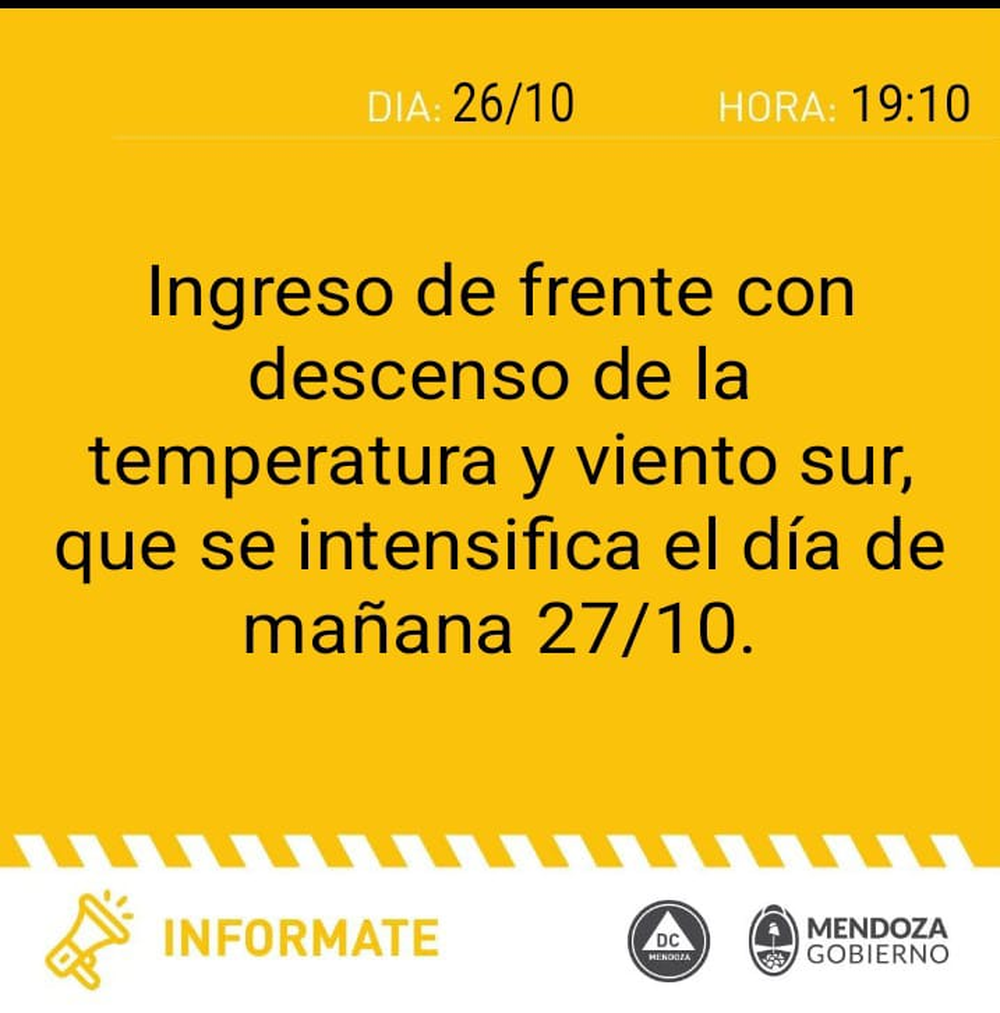 Ingreso de frente frío en Mendoza para este lunes.