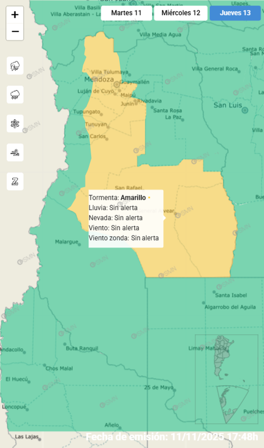 Jueves 11/11: alerta amarilla por tormentas.