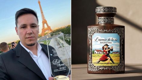 El ganador Lucas Fierro con su premio. “L’essence de la vie Argentina”.