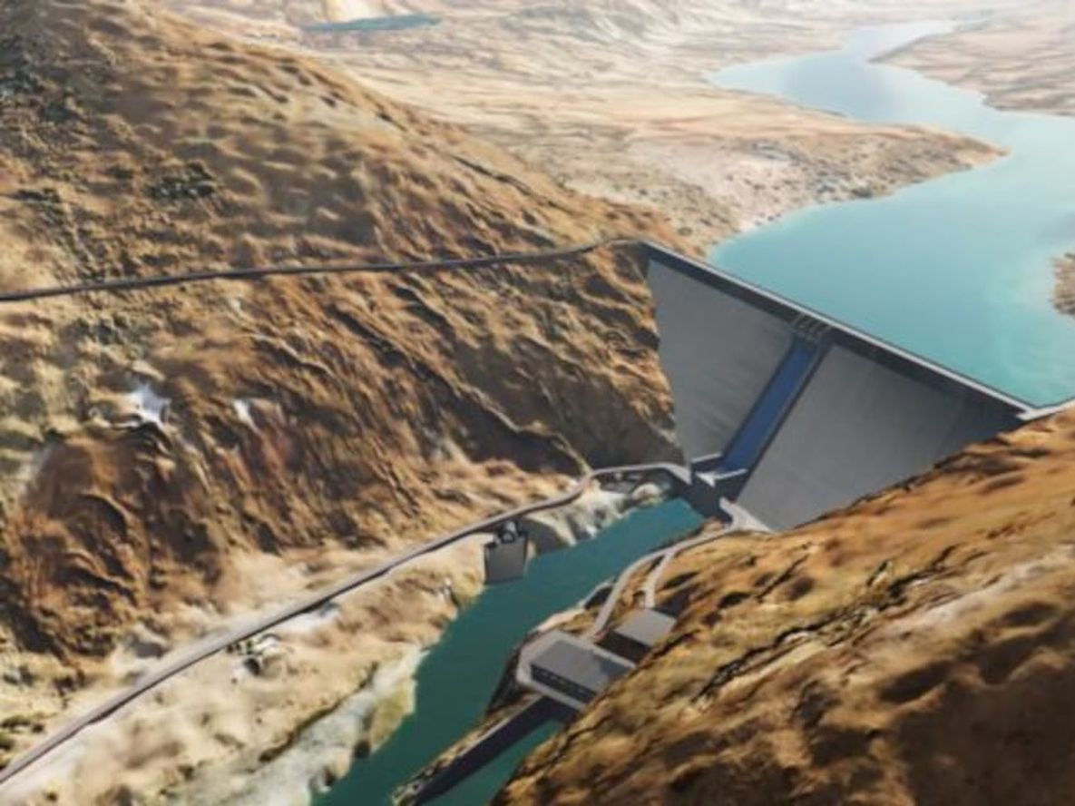 Maqueta de la megaobra de central hidroeléctrica de Portezuelo del Viento, sobre el río Grande.