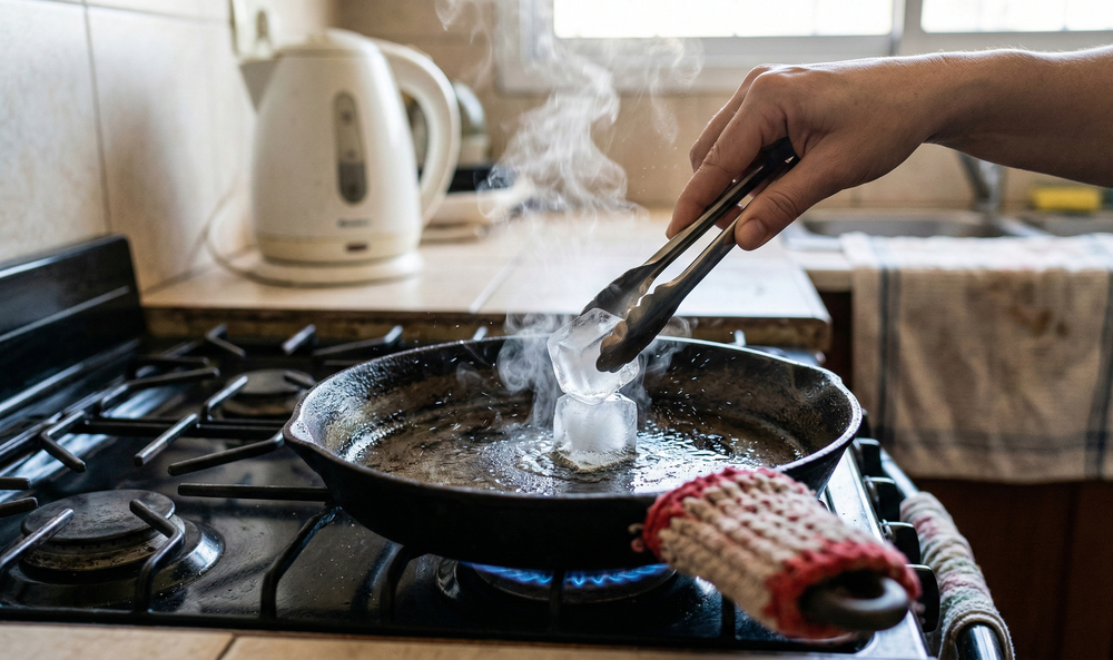 Pasar un cubito de hielo sobre una sartén caliente por qué se recomienda hacerlo antes de asar verduras en casa (1)