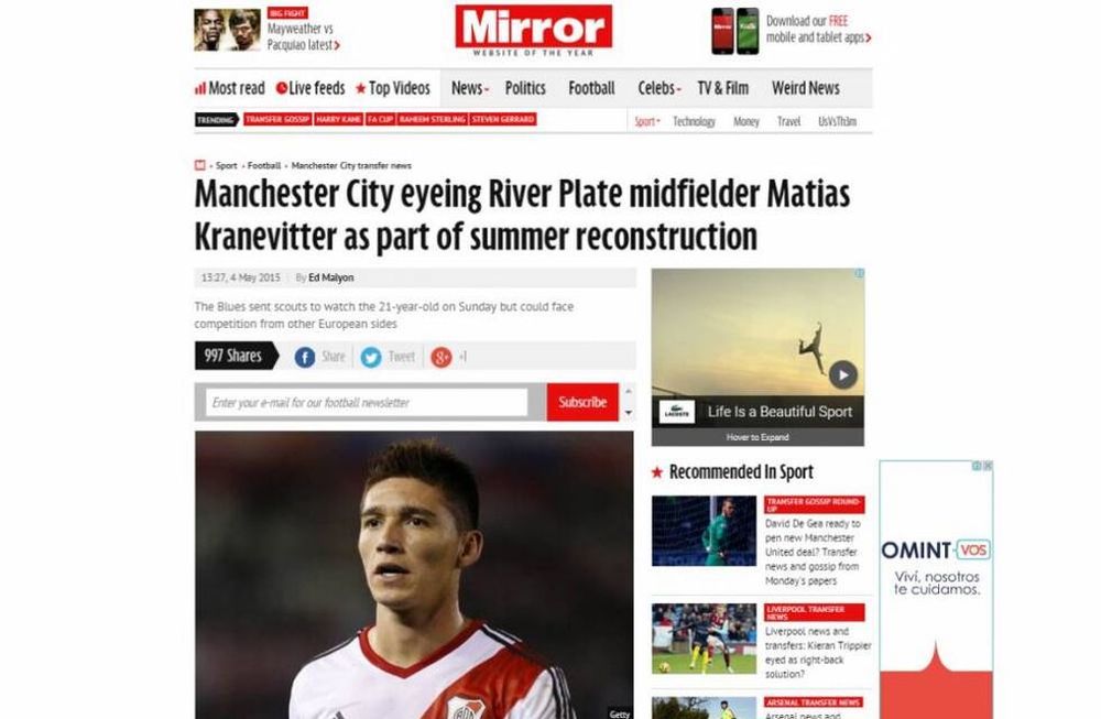 El jugador Matías Kranevitter, de River, está en vista del Manchester City