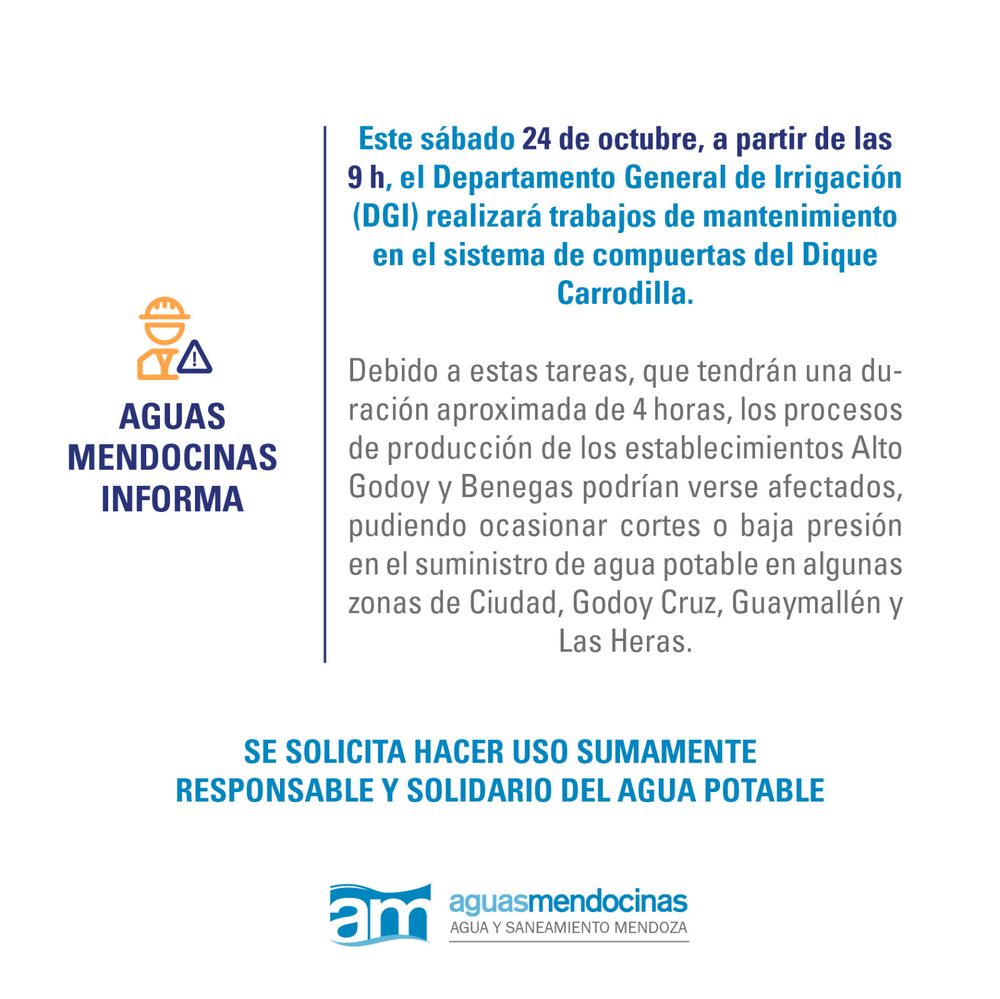 Aguas Mendocinas anunció posibles cortes de agua en sectores del Gran Mendoza este sábado.