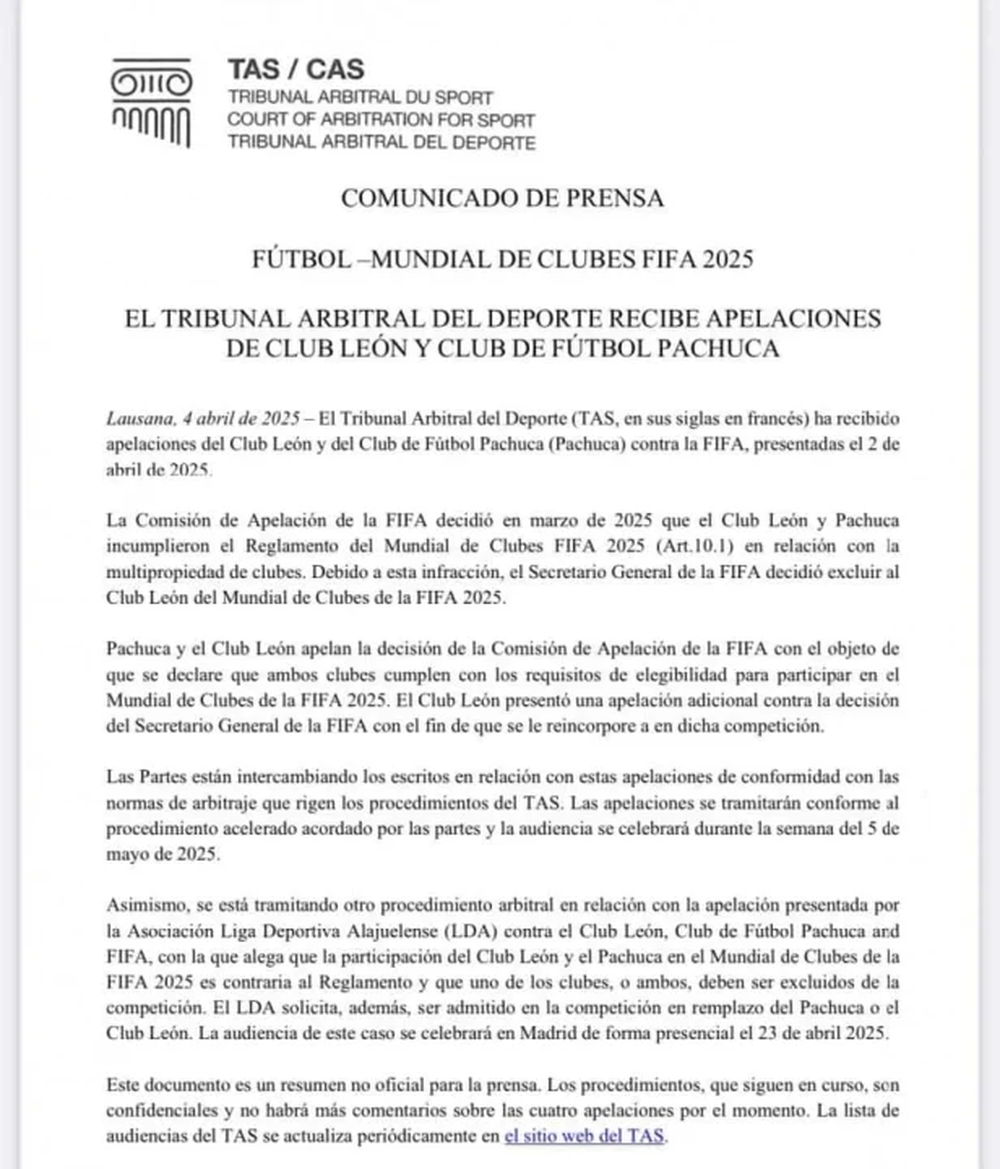 El comunicado de prensa de Le&oacute;n, para jugar el Mundial de Clubes