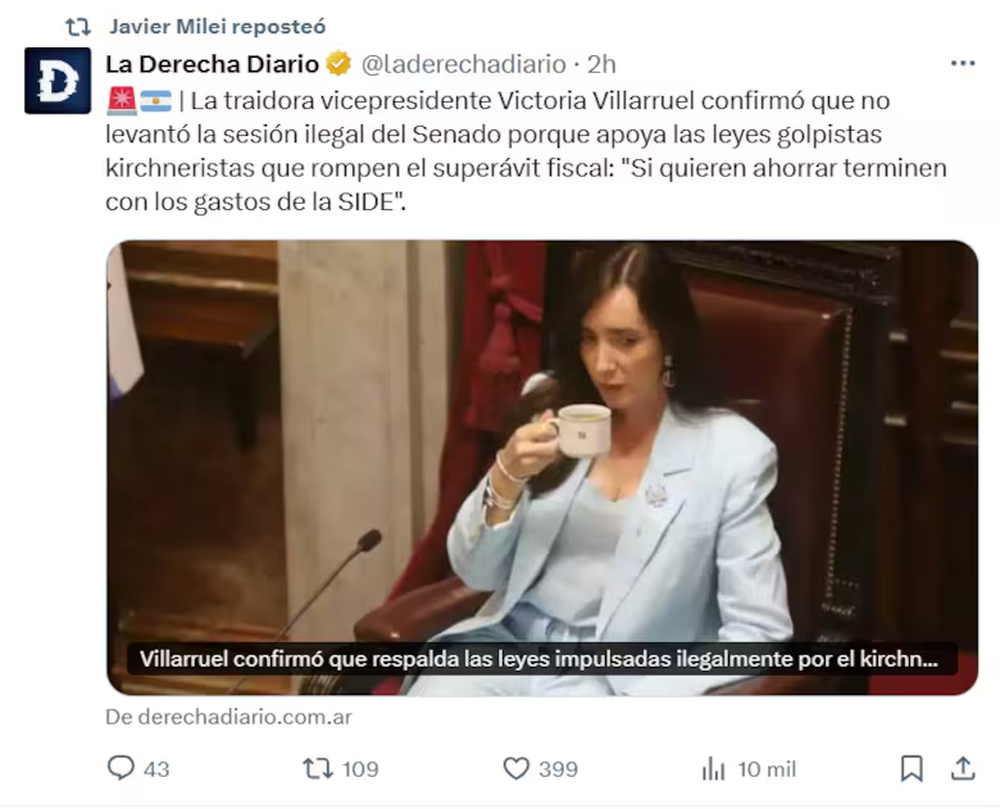 Javier Milei compartió en redes mensajes contra Victoria Villarruel.